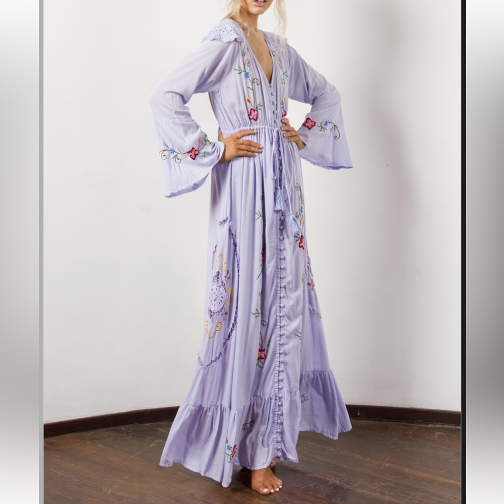 Fillyboo Stevie Women's embroidered duster/maxi dress, lavender, NWOT